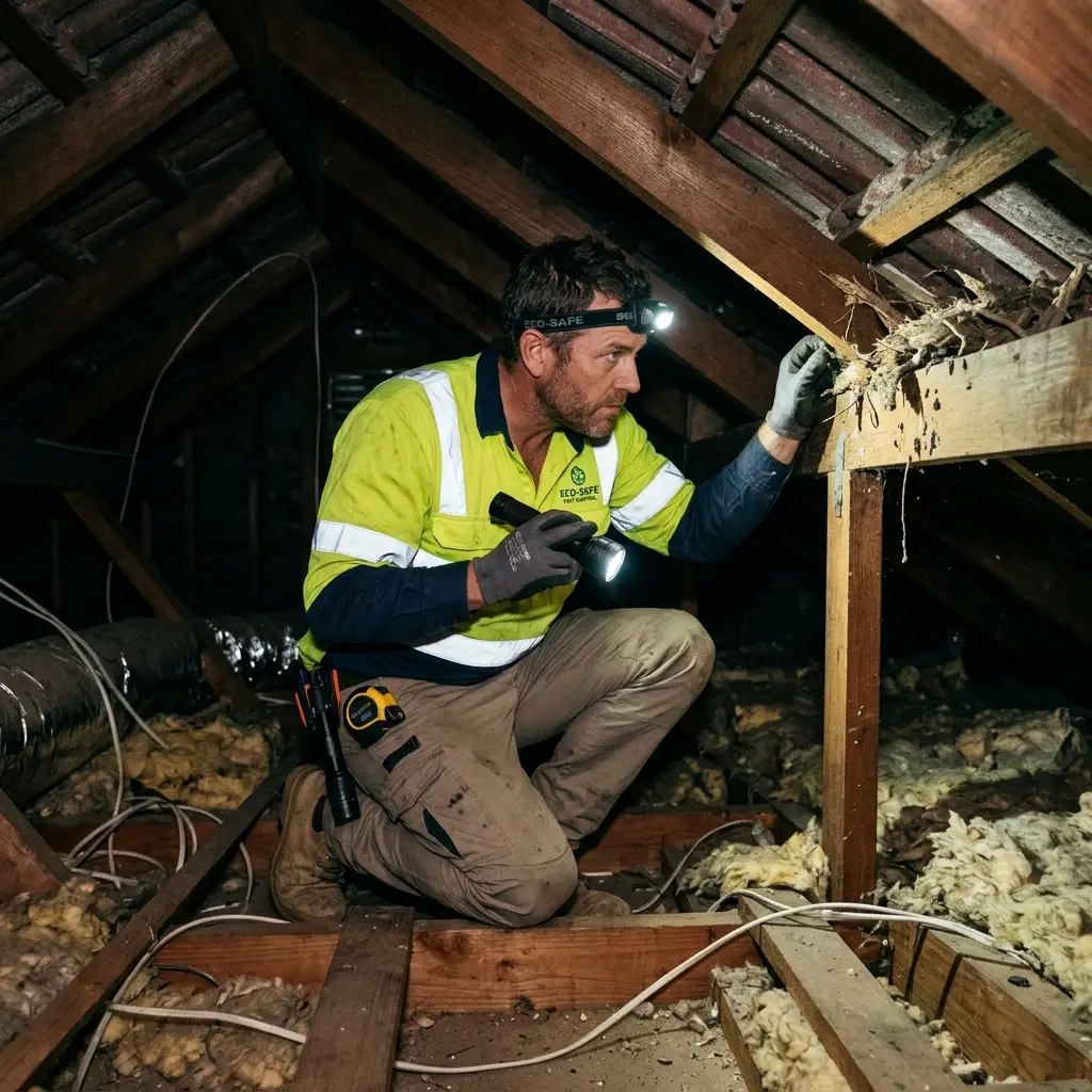 Technician inspecting a roof cavity for a dead animal in Portsea