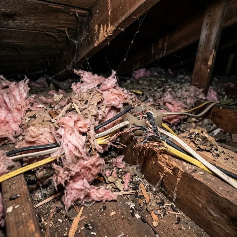 Contaminated ceiling insulation being assessed in a Portsea roof space