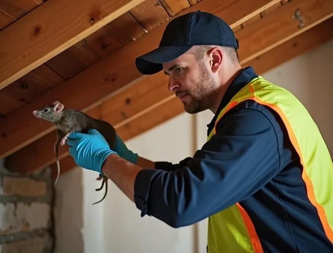 Technician inspecting a roof cavity for a dead rat in Portsea